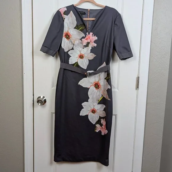 Ted Baker | Gray Floral Belted Sheath Midi Dress Size 4 - Picture 2 of 13